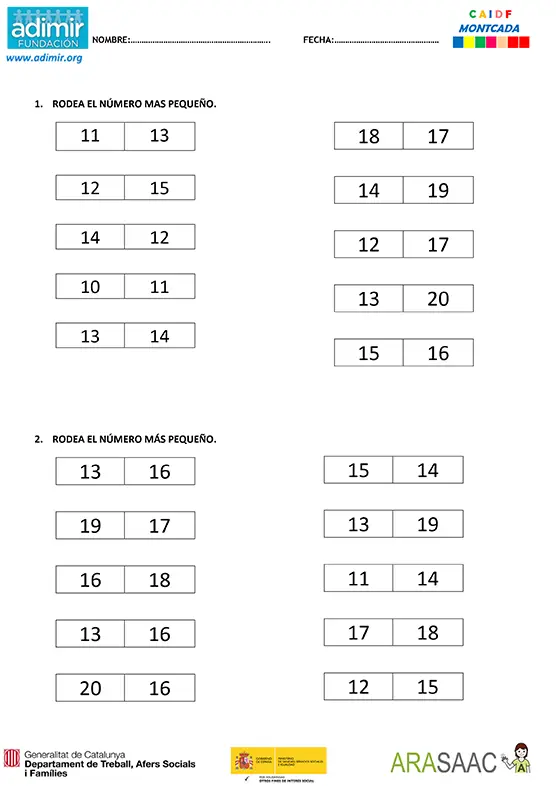 Series numéricas del 10 al 20 | Adimir