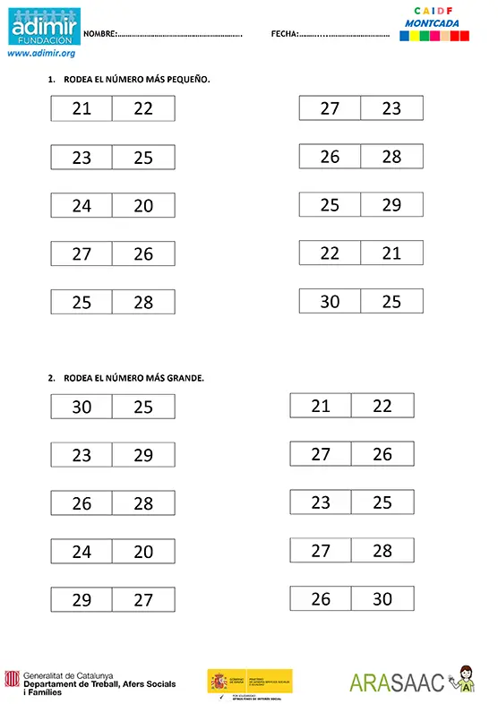 Series númericas del 20 al 30 | Adimir