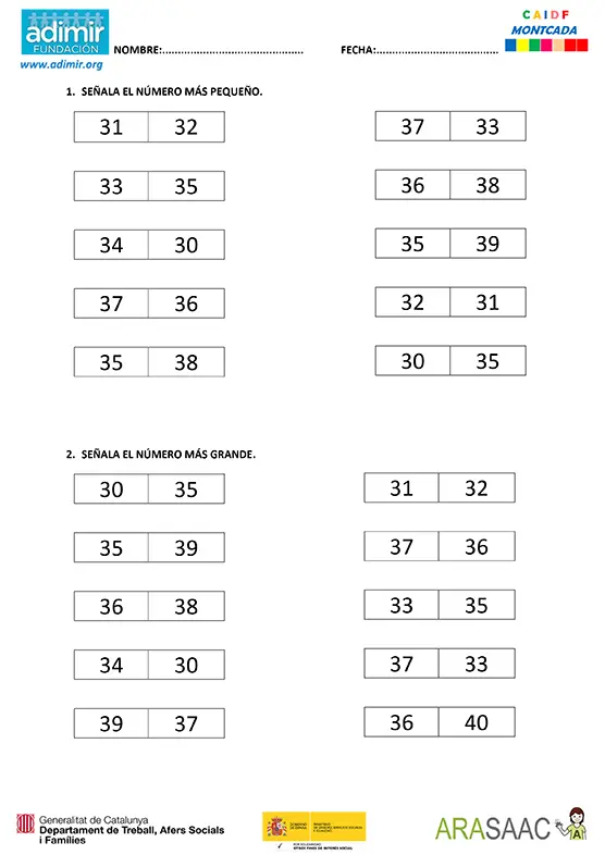 Series númericas del 30 al 40 | Adimir