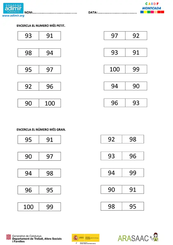 Series numéricas del 90 al 100