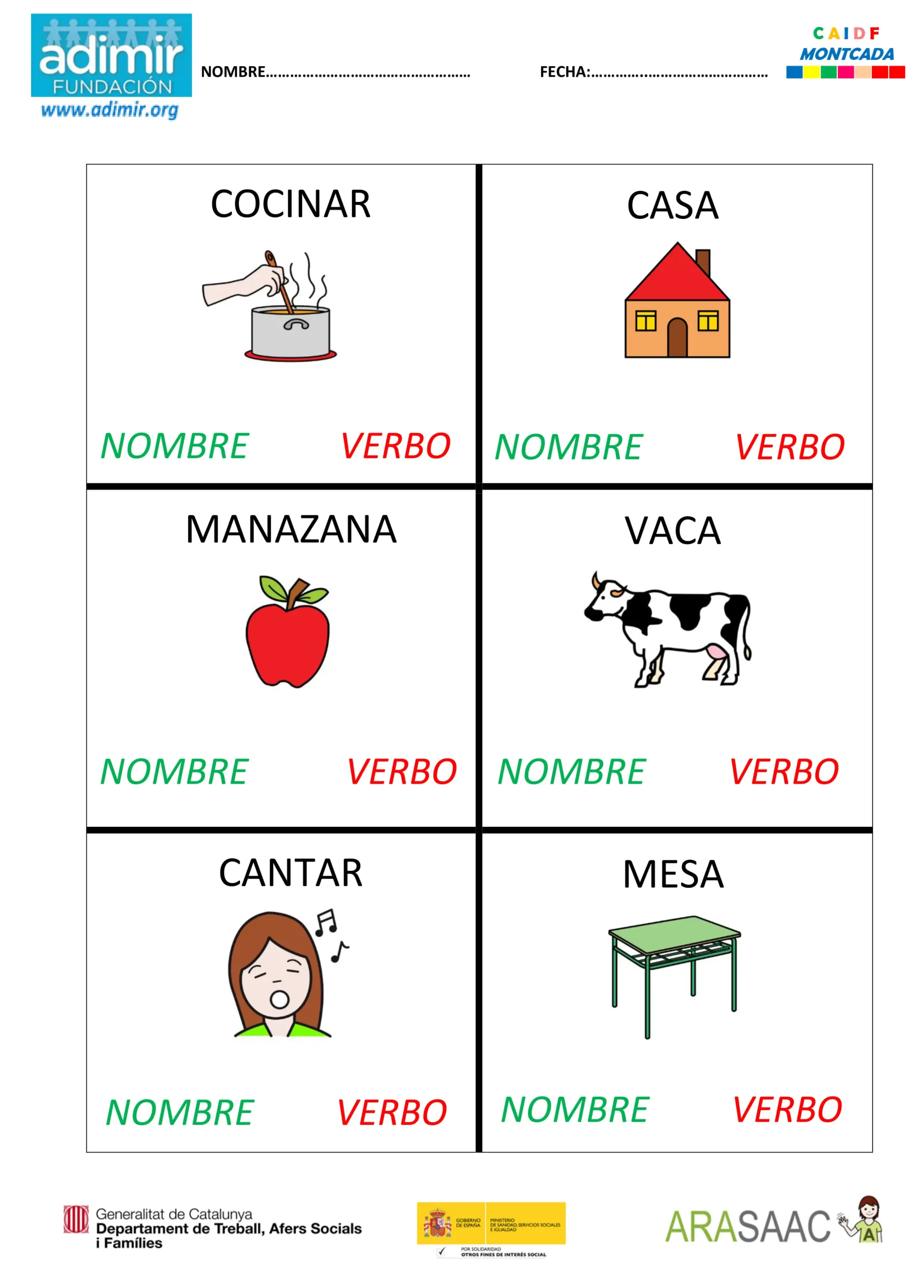 Fichas: discriminar el nombre y el verbo. Palabras | Adimir