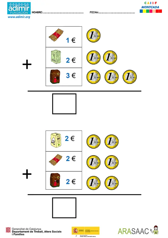 Ficha sumas euros | Adimir